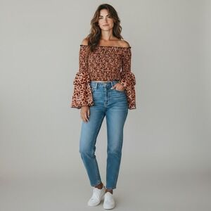 L&B Lucky & Blessed Cropped Off Shoulder Smocked Leopard Bell Sleeve Top Large